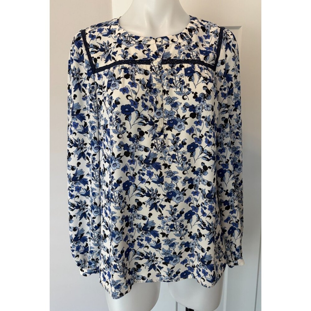 TALBOTS Womens Popover TOP Long Sleeve BLUE Off-White FLORAL Size M